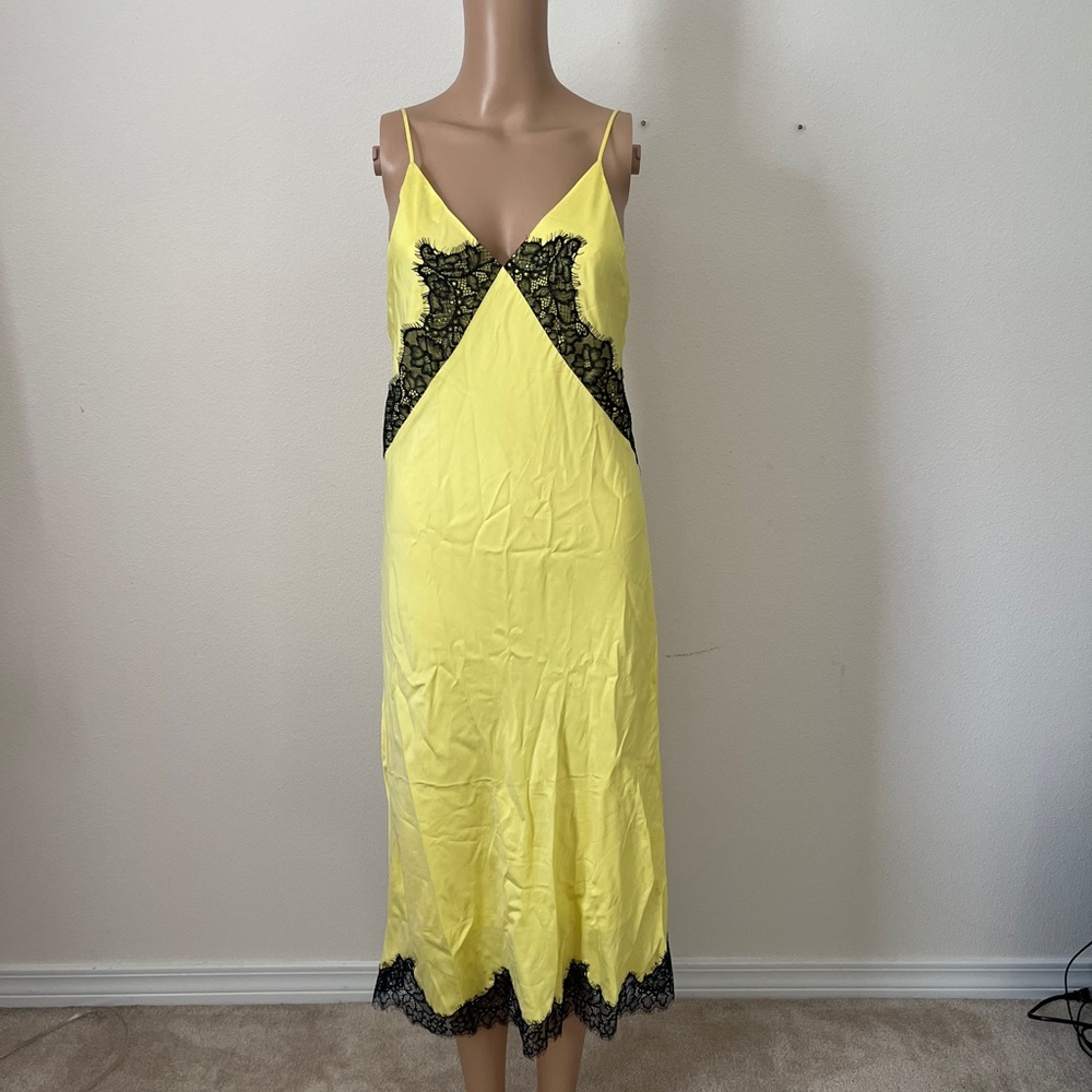 rag & bone Yellow Slip Midi Dress with Black Lace Trim